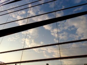 facade, clouds, reflection