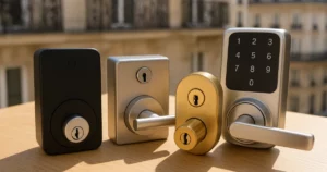 Sélection de serrures modernes sur fond en bois, représentant les erreurs à éviter lors de l'achat de serrures en Île-de-France.