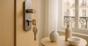 Détail d'une serrure moderne sur une porte en bois à Paris, représentant le thème de choisir une serrure pour un appartement à Paris.