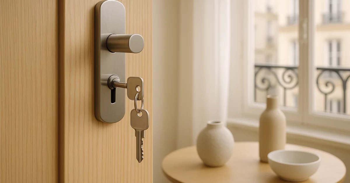 Détail d'une serrure moderne sur une porte en bois à Paris, représentant le thème de choisir une serrure pour un appartement à Paris.