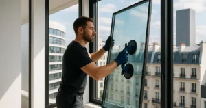 Installation d'innovations en vitrage 2025 par un vitrier dans un appartement parisien, mettant en valeur les nouvelles technologies de vitrage.