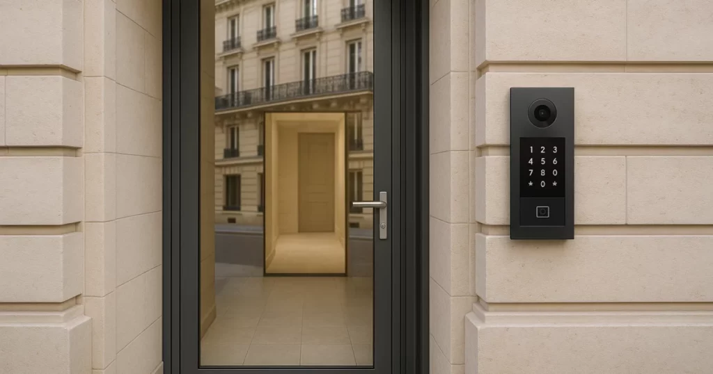 featured-3283-zero-trust-controle-dacces Vue d'une porte en verre moderne avec un interphone, représentant le concept de Zero Trust contrôle d'accès dans un environnement parisien.