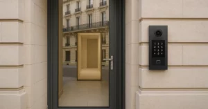 Vue d'une porte en verre moderne avec un interphone, représentant le concept de Zero Trust contrôle d'accès dans un environnement parisien.