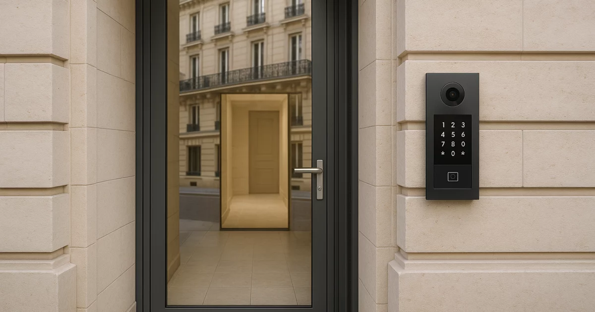 Vue d'une porte en verre moderne avec un interphone, représentant le concept de Zero Trust contrôle d'accès dans un environnement parisien.