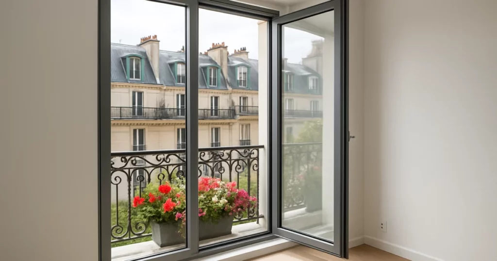 featured-3287-comparatif-materiaux-fenetres Comparatif des matériaux fenêtres : fenêtre en aluminium avec vue sur un balcon à Paris.