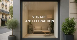 Vitrine de magasin à Paris avec vitrage anti-effraction, mettant en avant des innovations en matière de sécurité vitrée.