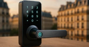 Serrure moderne sur une table en bois avec un décor parisien flou, illustrant les tendances sécurité serrures 2026.