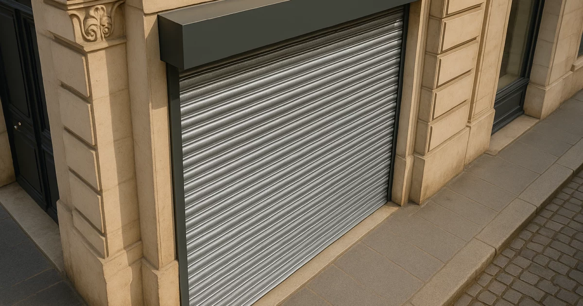 Entretien des rideaux métalliques en 2026, mettant en avant un rideau en métal dans un commerce parisien.