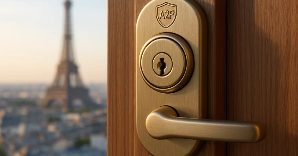 featured-3312-normes-a2p-serrures Serrure A2P sur une porte en bois, illustrant les normes A2P serrures et la sécurité des maisons en France.