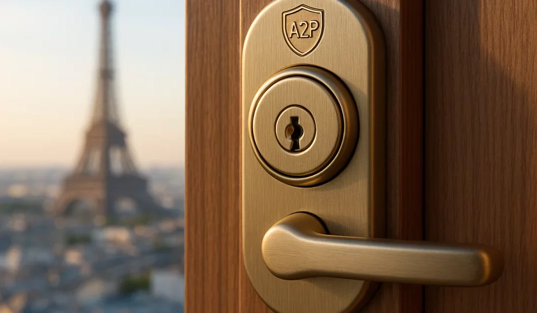 Serrure A2P sur une porte en bois, illustrant les normes A2P serrures et la sécurité des maisons en France.