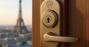 Serrure A2P sur une porte en bois, illustrant les normes A2P serrures et la sécurité des maisons en France.