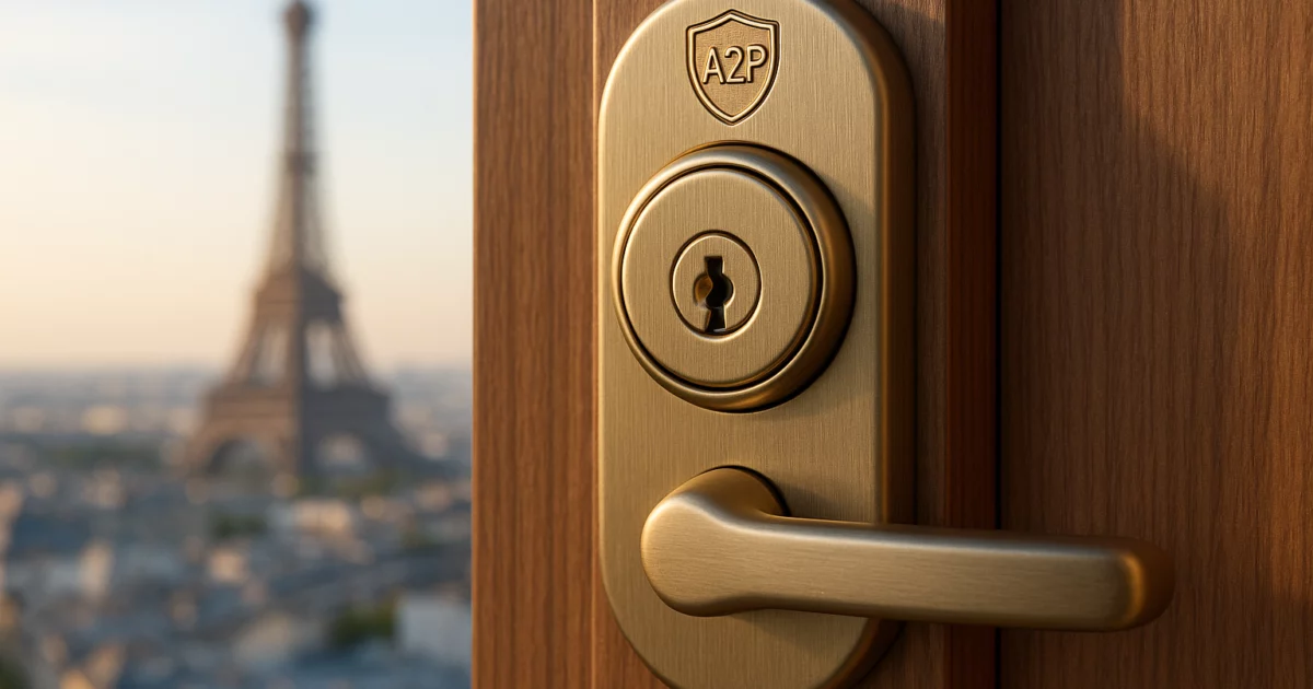 Serrure A2P sur une porte en bois, illustrant les normes A2P serrures et la sécurité des maisons en France.
