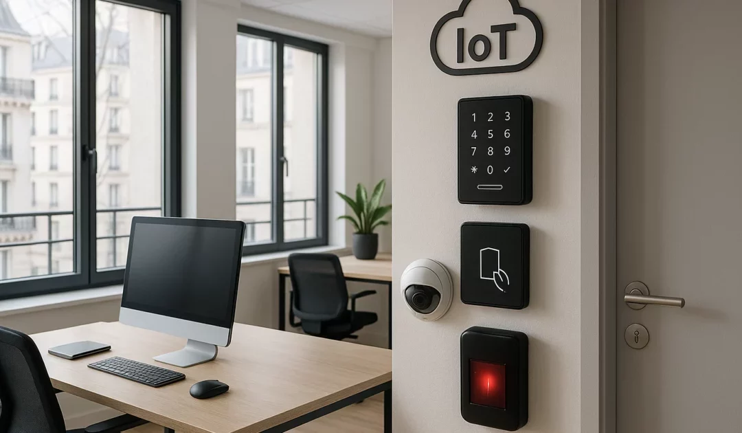 Bureau parisien moderne mettant en avant des dispositifs IoT pour le contrôle d'accès, symbolisant l'impact de l'IoT sur la sécurité.