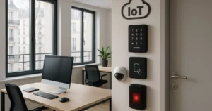 Bureau parisien moderne mettant en avant des dispositifs IoT pour le contrôle d'accès, symbolisant l'impact de l'IoT sur la sécurité.
