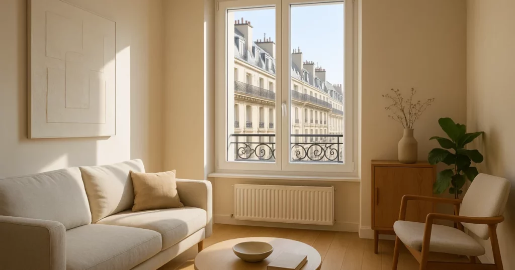 featured-3331-normes-isolation-fenetres Vue intérieure d'un appartement à Paris avec une fenêtre moderne, mettant en avant les normes d'isolation fenêtres.