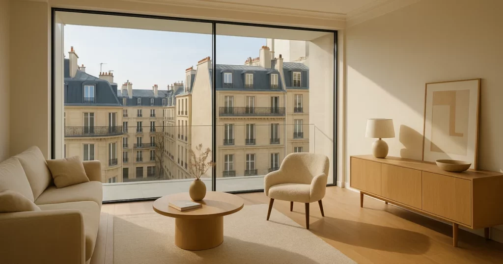 featured-3335-tendances-vitrages-2026 Un espace de vie parisien présentant des vitrages innovants et élégants pour 2026, illustrant les tendances des vitrages modernes.