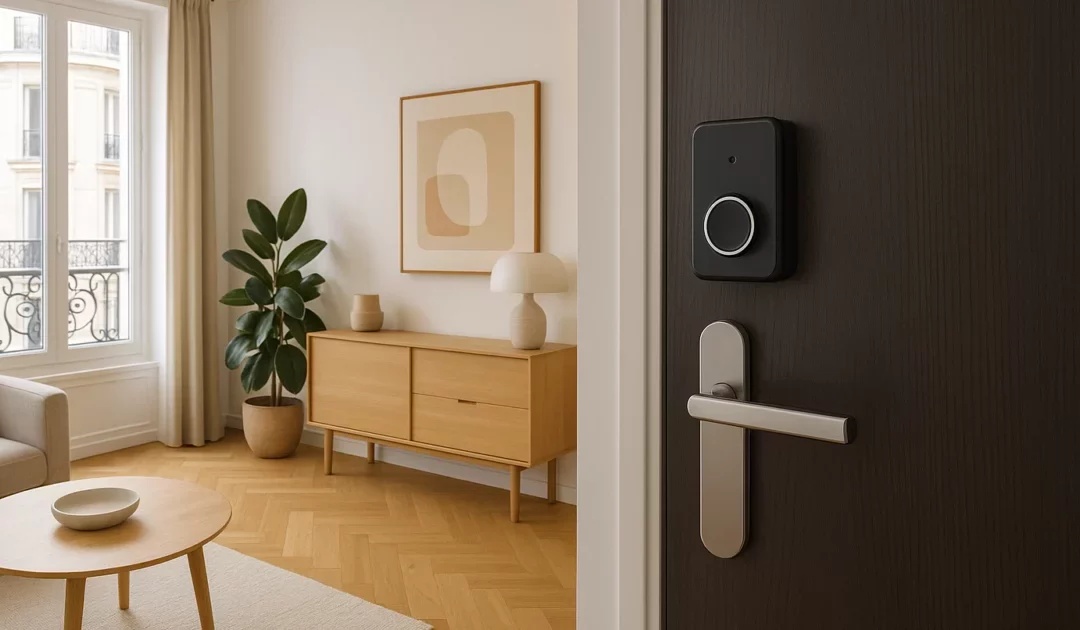 Intérieur d'appartement parisien moderne montrant une porte avec une serrure intelligente, illustrant le concept de sécurité intelligente des serrures.