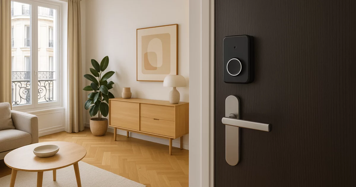 Intérieur d'appartement parisien moderne montrant une porte avec une serrure intelligente, illustrant le concept de sécurité intelligente des serrures.