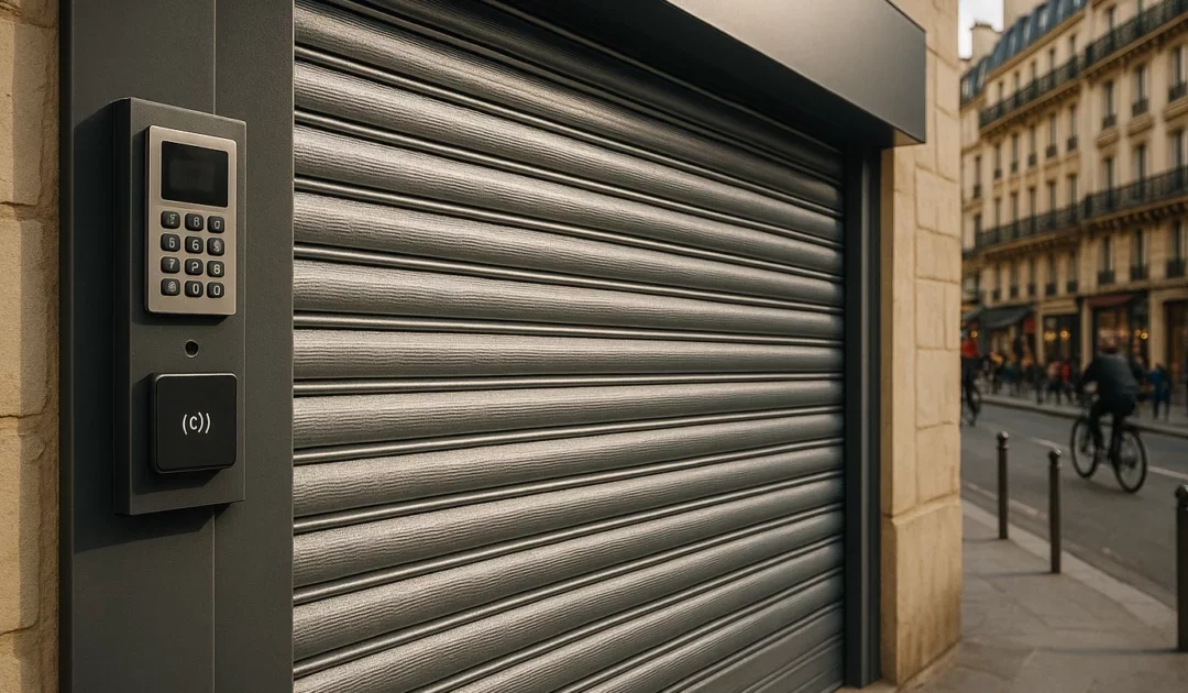 Vue de rideau métallique moderne à Paris, illustrant les innovations rideaux métalliques 2026, avec une ambiance urbaine et contemporaine.