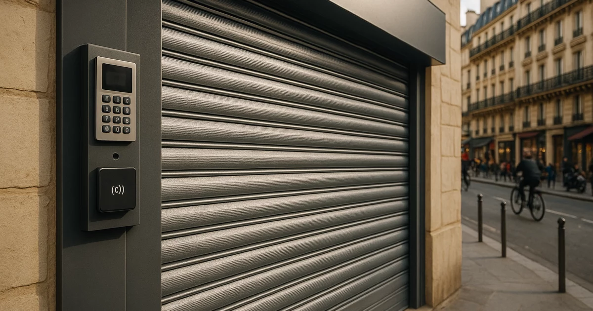 Vue de rideau métallique moderne à Paris, illustrant les innovations rideaux métalliques 2026, avec une ambiance urbaine et contemporaine.