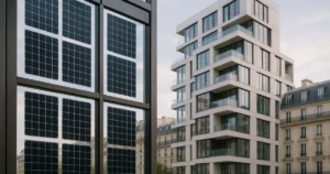Vitrerie énergies renouvelables intégrant des panneaux solaires dans un environnement urbain à Paris, illustrant l'esthétique et l'efficacité énergétique.