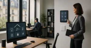 Bureau moderne à Paris avec des systèmes d'automatisation intégrés, illustrant comment choisir les bons automatismes pour vos projets.