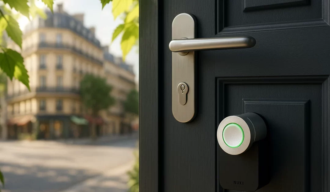 Détail d'un cylindre intelligent sur une porte moderne à Paris, illustrant les tendances en serrurerie.