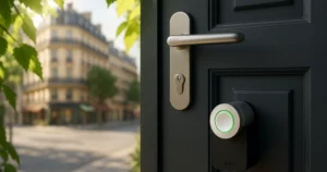 Détail d'un cylindre intelligent sur une porte moderne à Paris, illustrant les tendances en serrurerie.