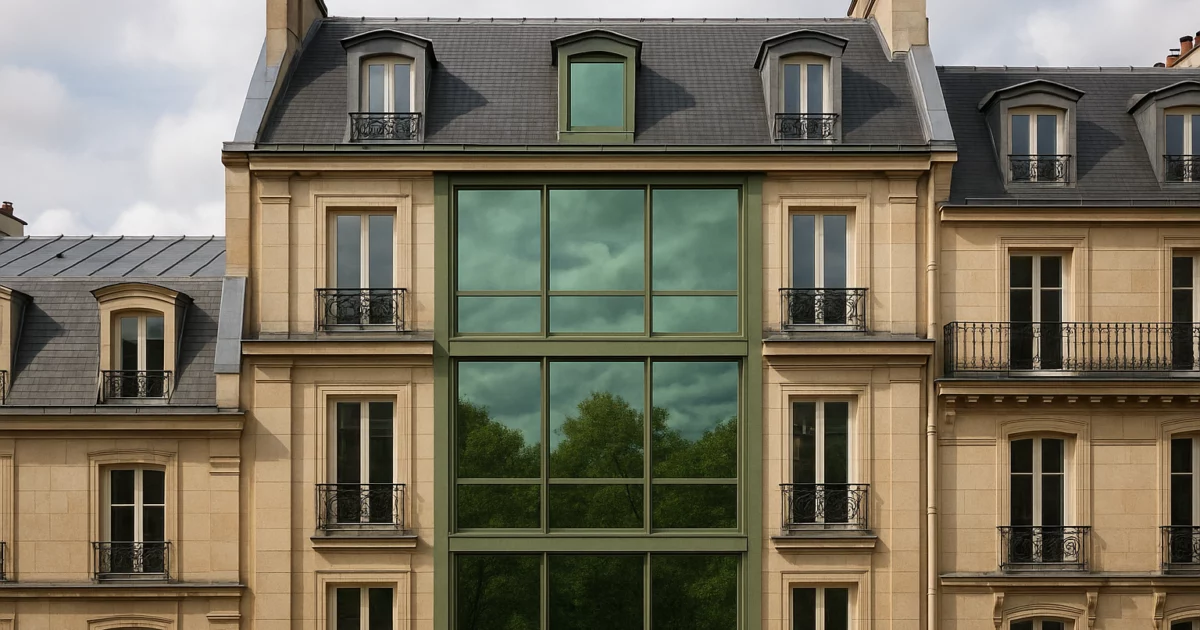 Façade de fenêtres écologiques à Paris illustrant l'impact du changement climatique sur le design des fenêtres.
