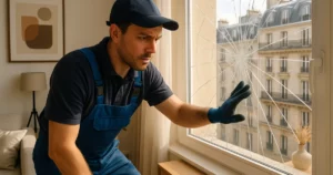 Dépannage bris de glace dans un appartement à Paris, avec un vitrier en action analysant un vitrage endommagé.