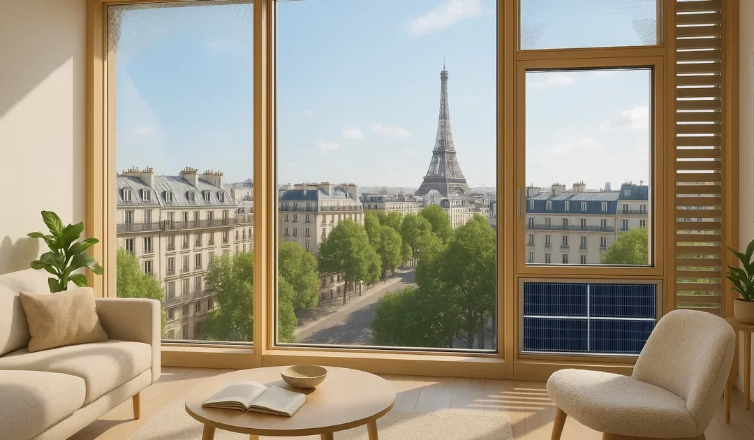 Intérieur d'un appartement à Paris avec des fenêtres durables adaptées au changement climatique, mettant en avant un design écologique moderne.