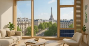 Intérieur d'un appartement à Paris avec des fenêtres durables adaptées au changement climatique, mettant en avant un design écologique moderne.