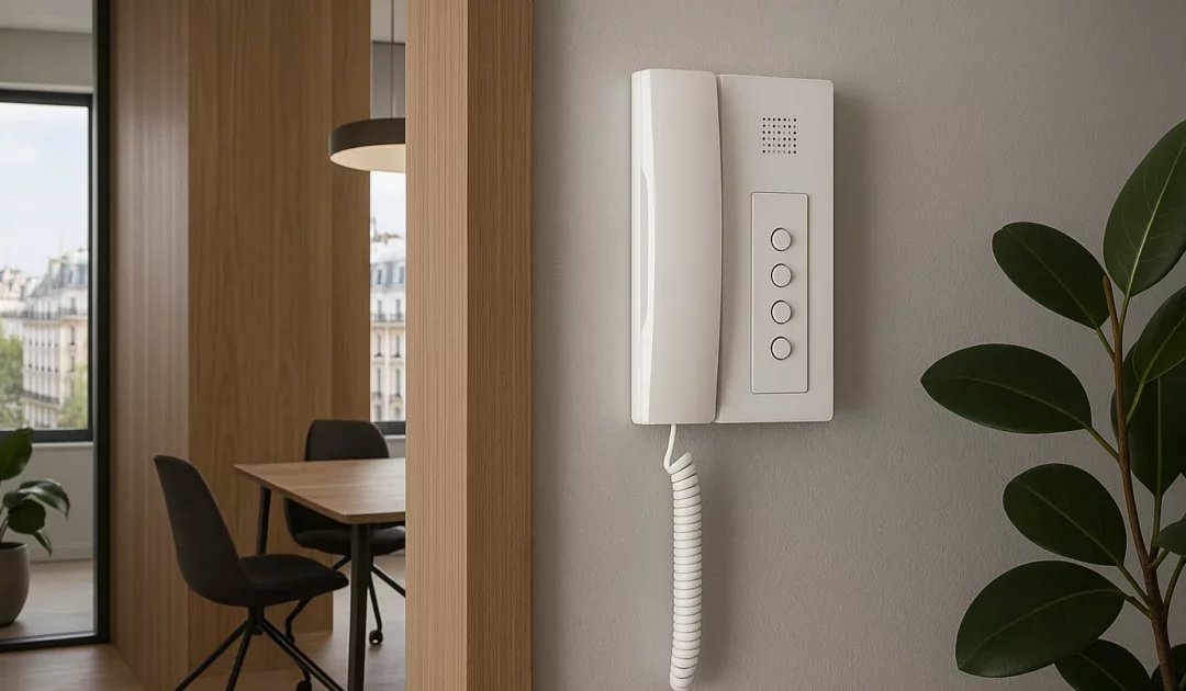 Image d'un bureau moderne à Paris mettant en avant un choix d'interphonie pour entreprise, illustrant les critères de sélection de systèmes de sécurité.