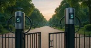 Parc public à Paris avec des cylindres intelligents, illustrant la sécurisation des lieux publics.