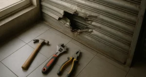 Réparation rideaux métalliques dans un magasin parisien, montrant des outils de réparation et un rideau endommagé.