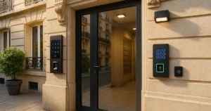 Vue de l'entré d'un bâtiment à Paris montrant des innovations de contrôle d'accès, illustrant les tendances en sécurité pour 2026.