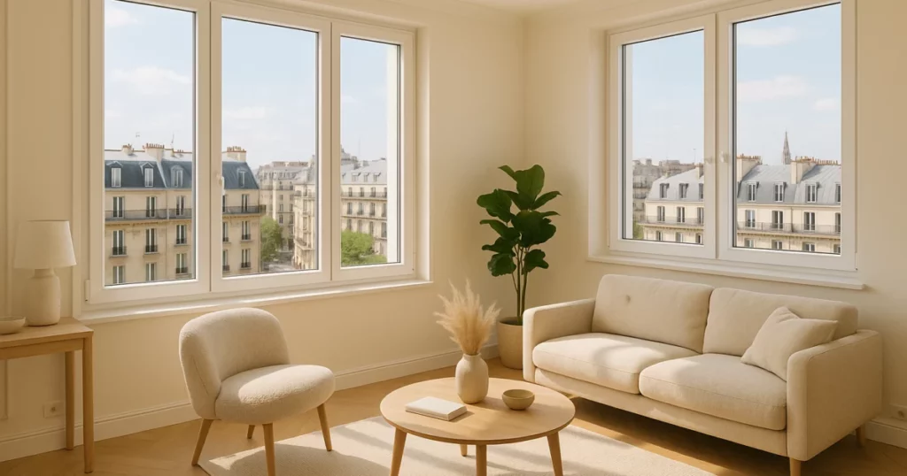 featured-3801-normes-fenetres-2026 Intérieur d'un appartement à Paris avec des fenêtres conformes aux normes fenêtres 2026, éclairage naturel et vue sur la ville.