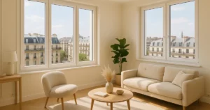Intérieur d'un appartement à Paris avec des fenêtres conformes aux normes fenêtres 2026, éclairage naturel et vue sur la ville.