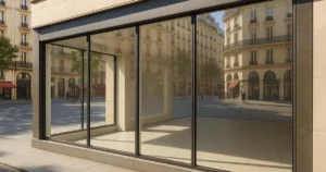 Vitrine à Paris avec vitrage conforme aux réglementations de 2026.