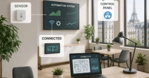 Système d'automatismes connectés pour entreprises, intégrant des dispositifs modernes dans un bureau parisien.
