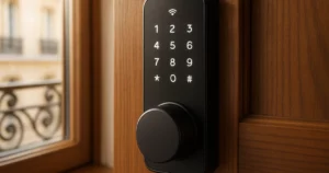 Serrure connectée moderne sur une porte en bois à Paris, représentant les tendances et innovations en serrurerie.