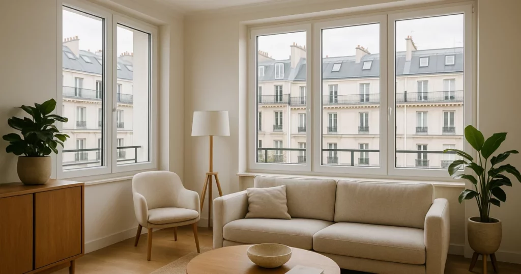 featured-3829-aides-financieres-fenetres-2026 Intérieur moderne d'un appartement à Paris avec de nouvelles fenêtres à double vitrage, illustrant les aides financières pour le remplacement de fenêtres en 2026.