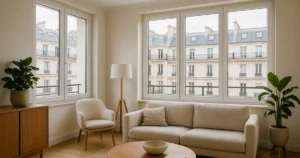 Intérieur moderne d'un appartement à Paris avec de nouvelles fenêtres à double vitrage, illustrant les aides financières pour le remplacement de fenêtres en 2026.