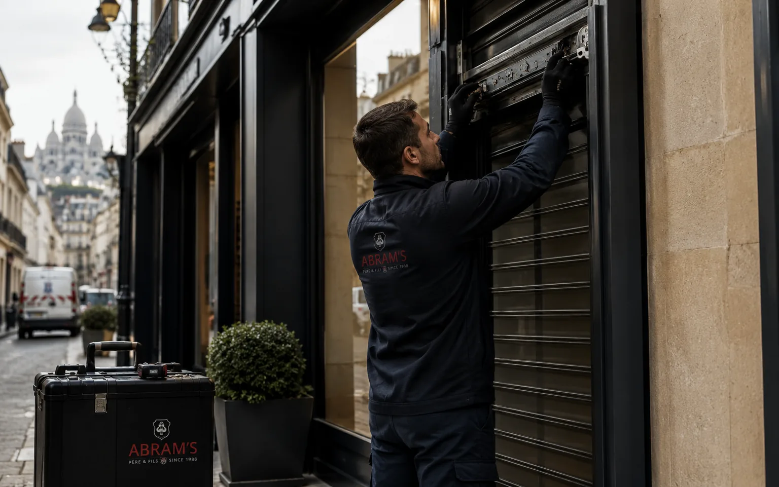 Technicien Abram’s intervenant sur un rideau métallique de commerce à Paris