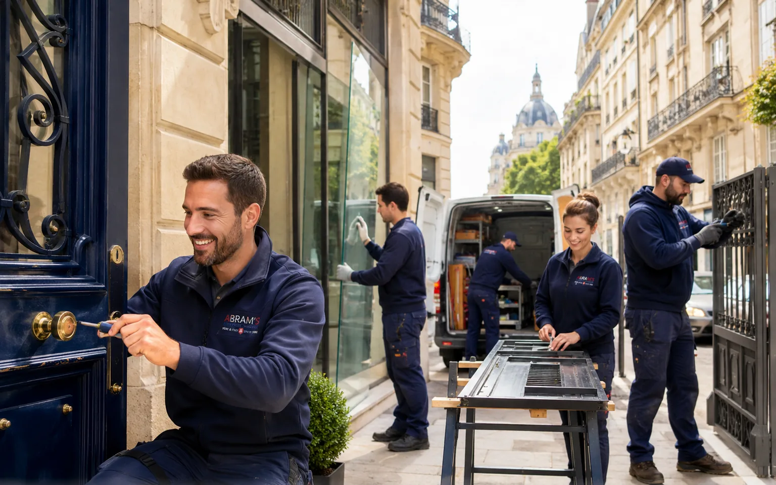 Équipe Abram’s Père et Fils intervenant à Paris en serrurerie, vitrerie, automatisme et menuiserie
