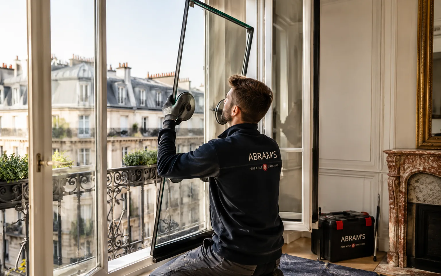 Technicien Abram’s posant une fenêtre dans un appartement parisien