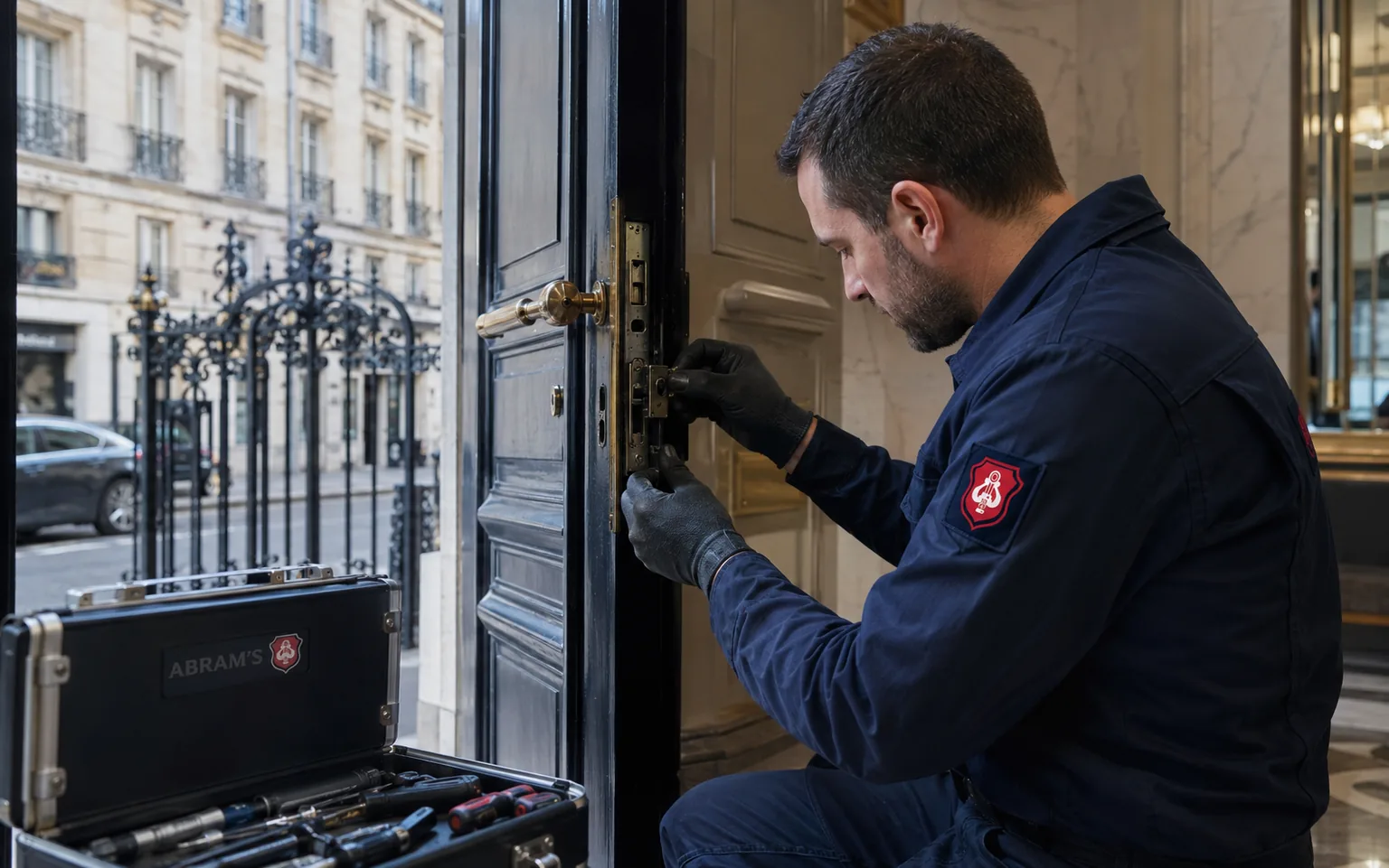 Serrurier Abram’s réparant une serrure de porte dans un appartement parisien