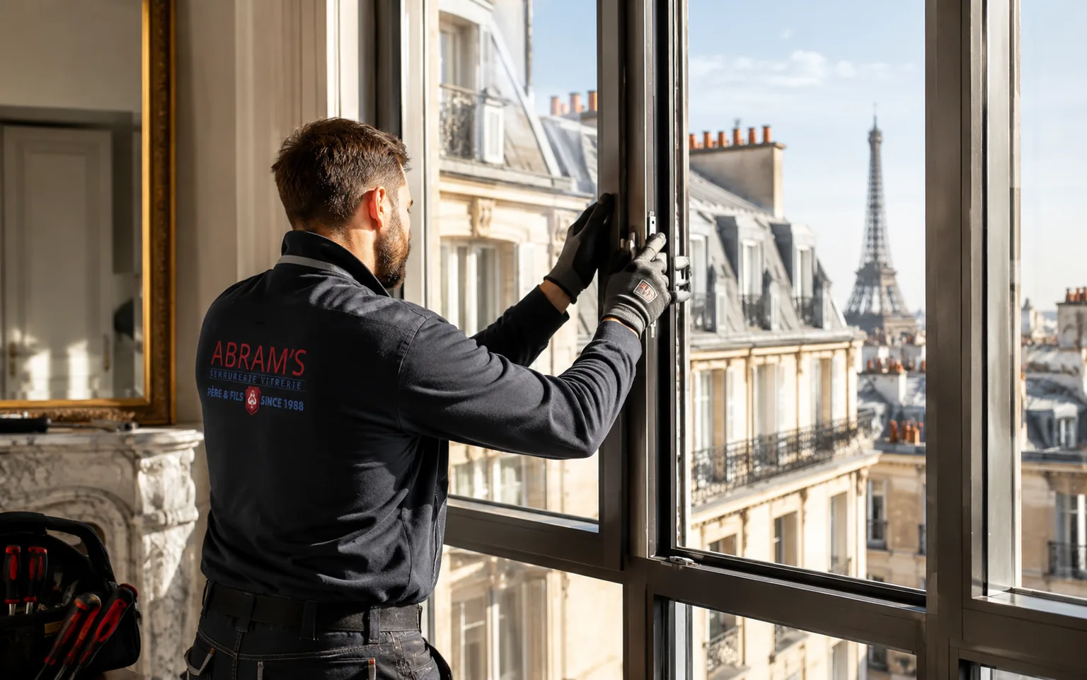 Vitrier Abram’s remplaçant une vitre dans un appartement à Paris