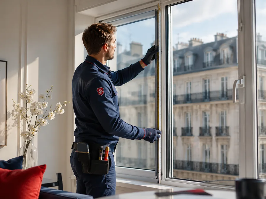 Vitrier prenant les mesures d’un double vitrage dans un appartement parisien