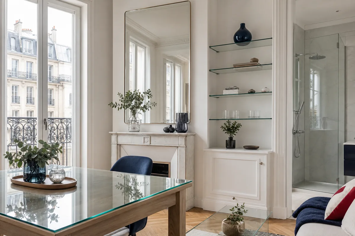 Applications verre à la coupe intérieur Paris Abram’s Plateau de table, miroir et étagères en verre réalisés sur mesure à Paris